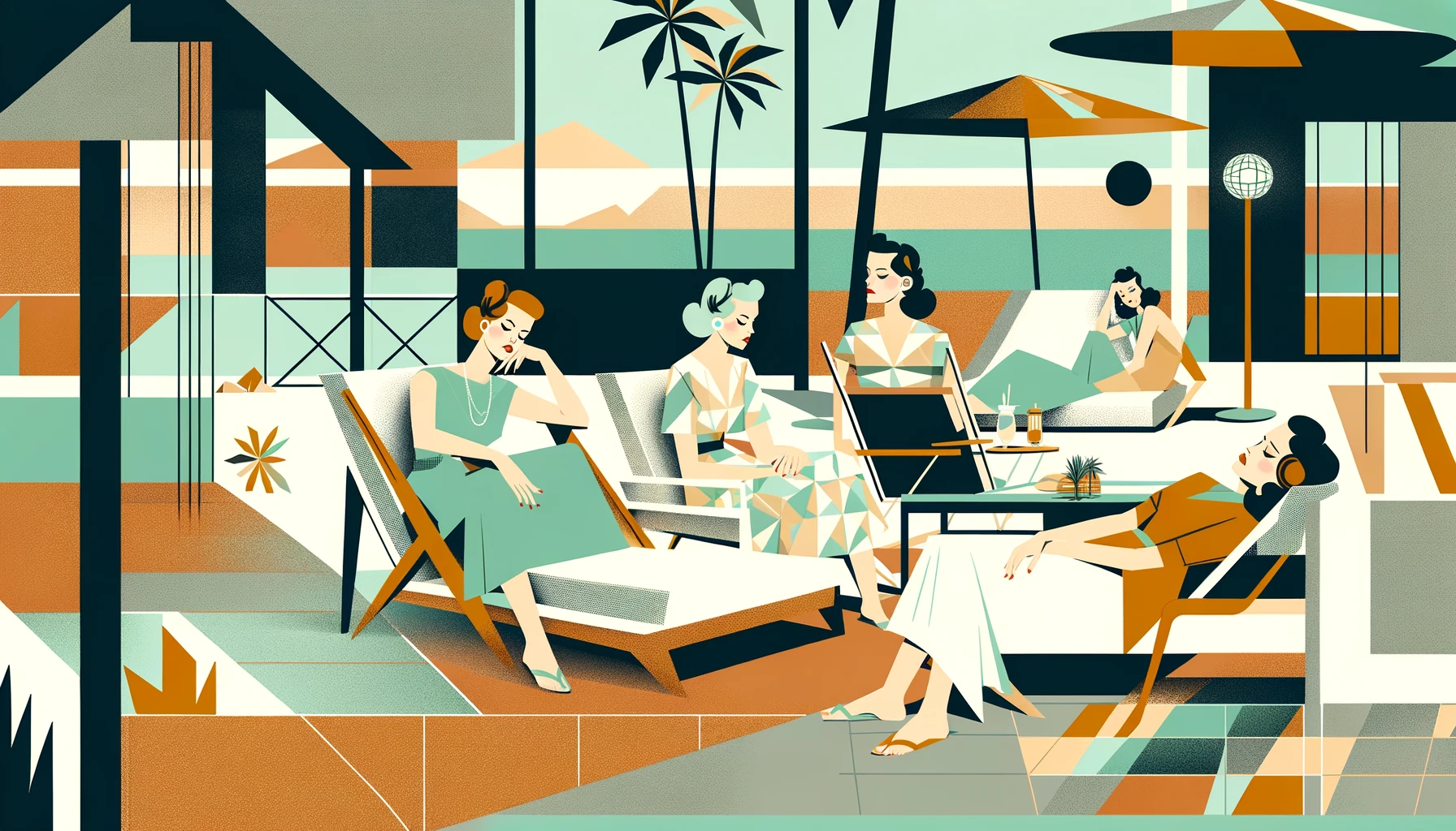 Illustration Schlaftourismus: müde Frauen auf der Terrasse eines Hotels