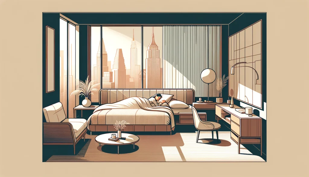 Schlaftourismus Illustration mit KI-Hilfe: Frau im Hotelzimmer in New York