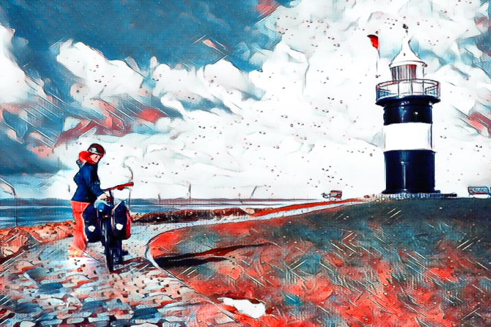 Illustration Frau mit Rad neben einem Leuchtturm auf dem Nordseeküstenradweg