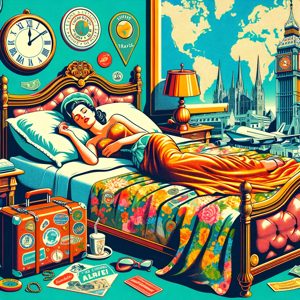 Schlaftourismus: Müde Freundin von Welt auf Reisen. Illustration mit im Stil der 50er Jahre KI-Hilfe