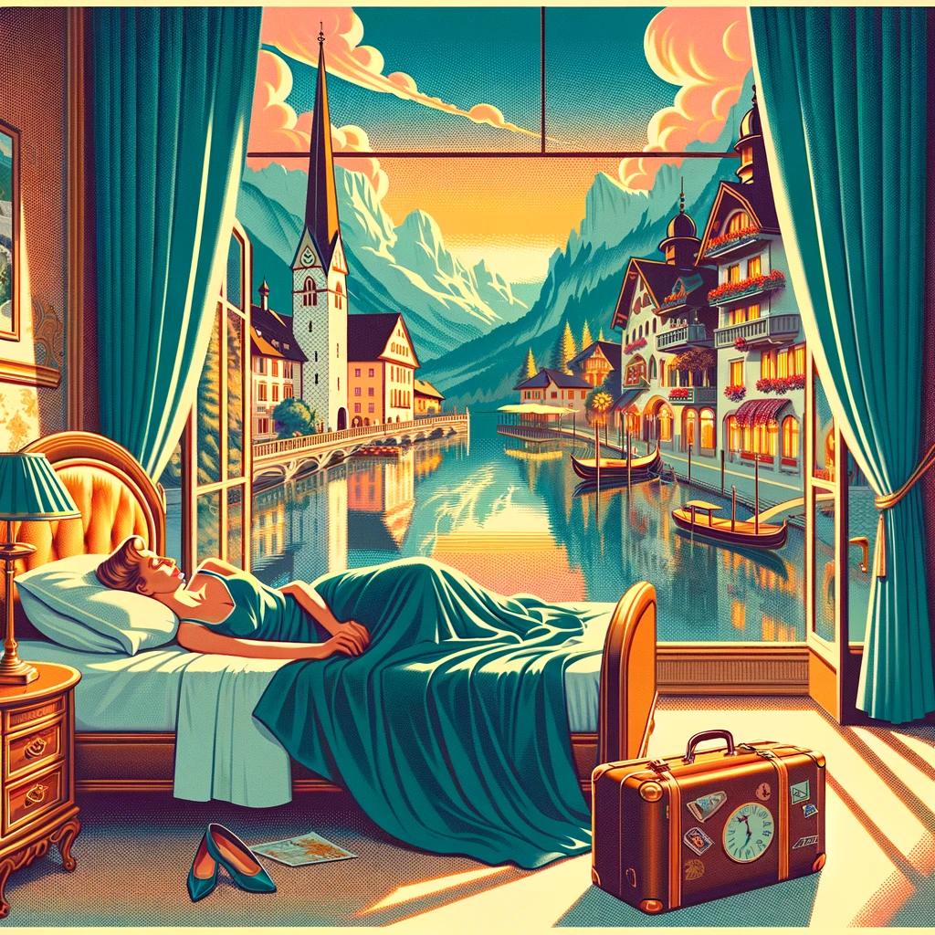 Schlaftourismus: Müde Freundin von Welt auf Reisen. Illustration im Stil der 50er Jahre mit KI-Hilfe