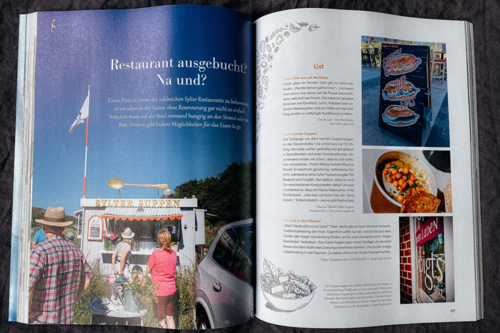 Sylt Magazin, aufgeblättert der Artikel "Restaurant ausgebucht? na und?" von Kirsten Rick