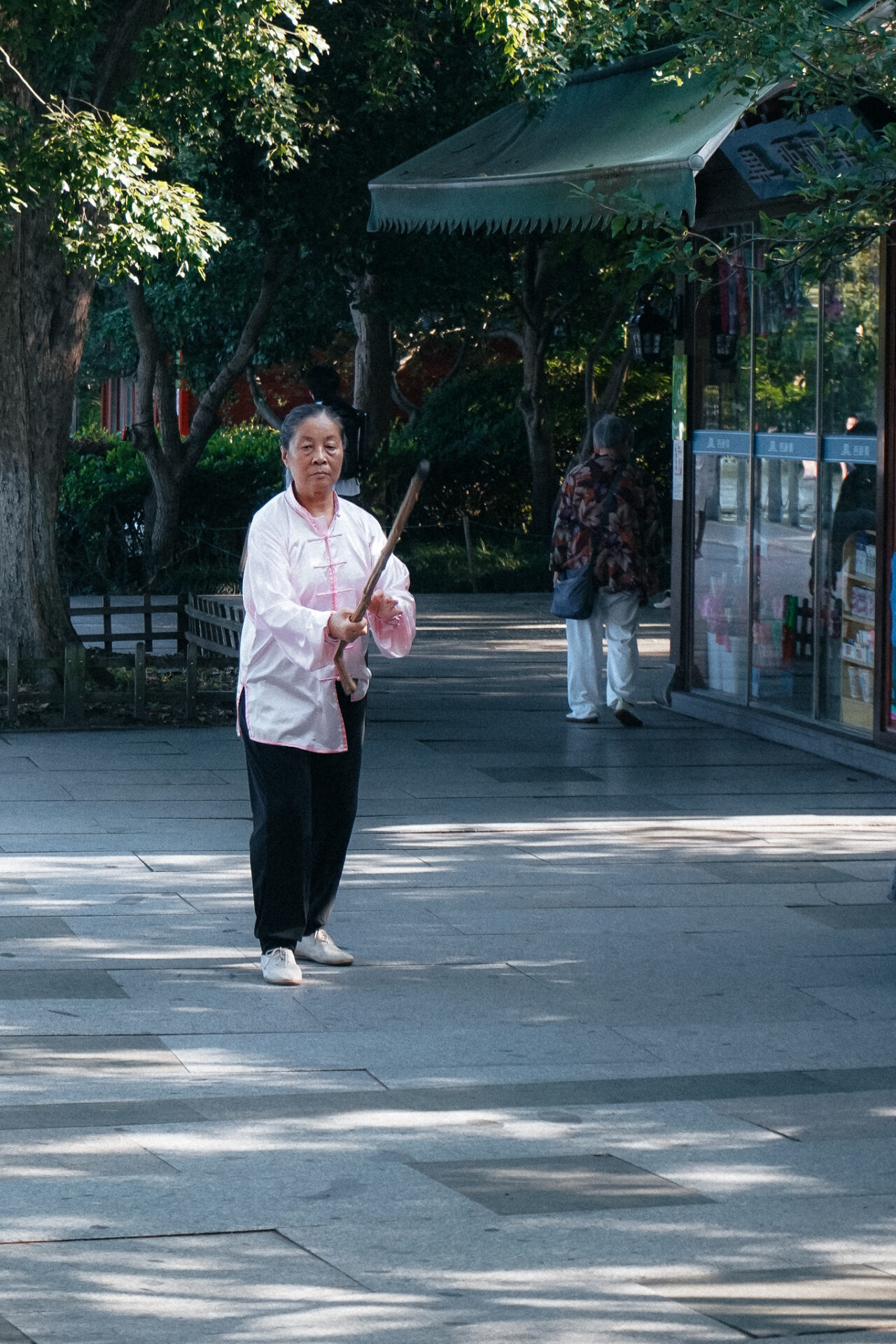 Frau mit Langstock am Westsee in Hangzhou, China