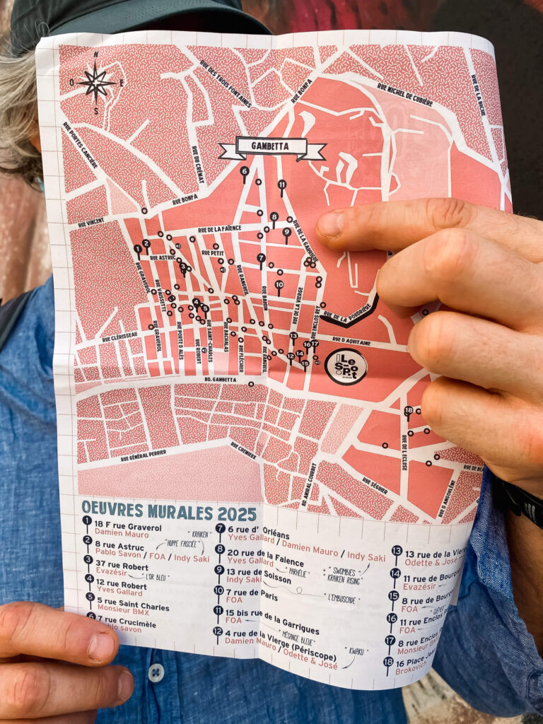 Stadtplan: eine Karte, auf der die Streetart Murals in Nîmes im Viertel Gambetta eingezeichnet sind