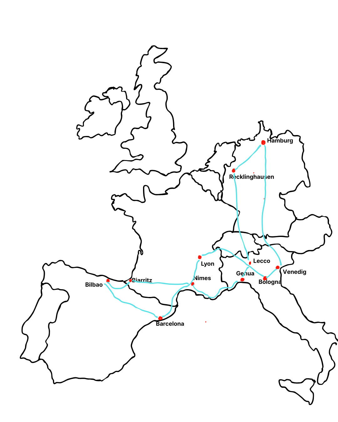 Gezeichnete Europakarte mit der Interrail-Route: Hamburg, Recklinghausen, Lecco, Genua, Nîmes, Biarritz, Bilbao, Barcelona, Lyon, Bologna, Venedig
